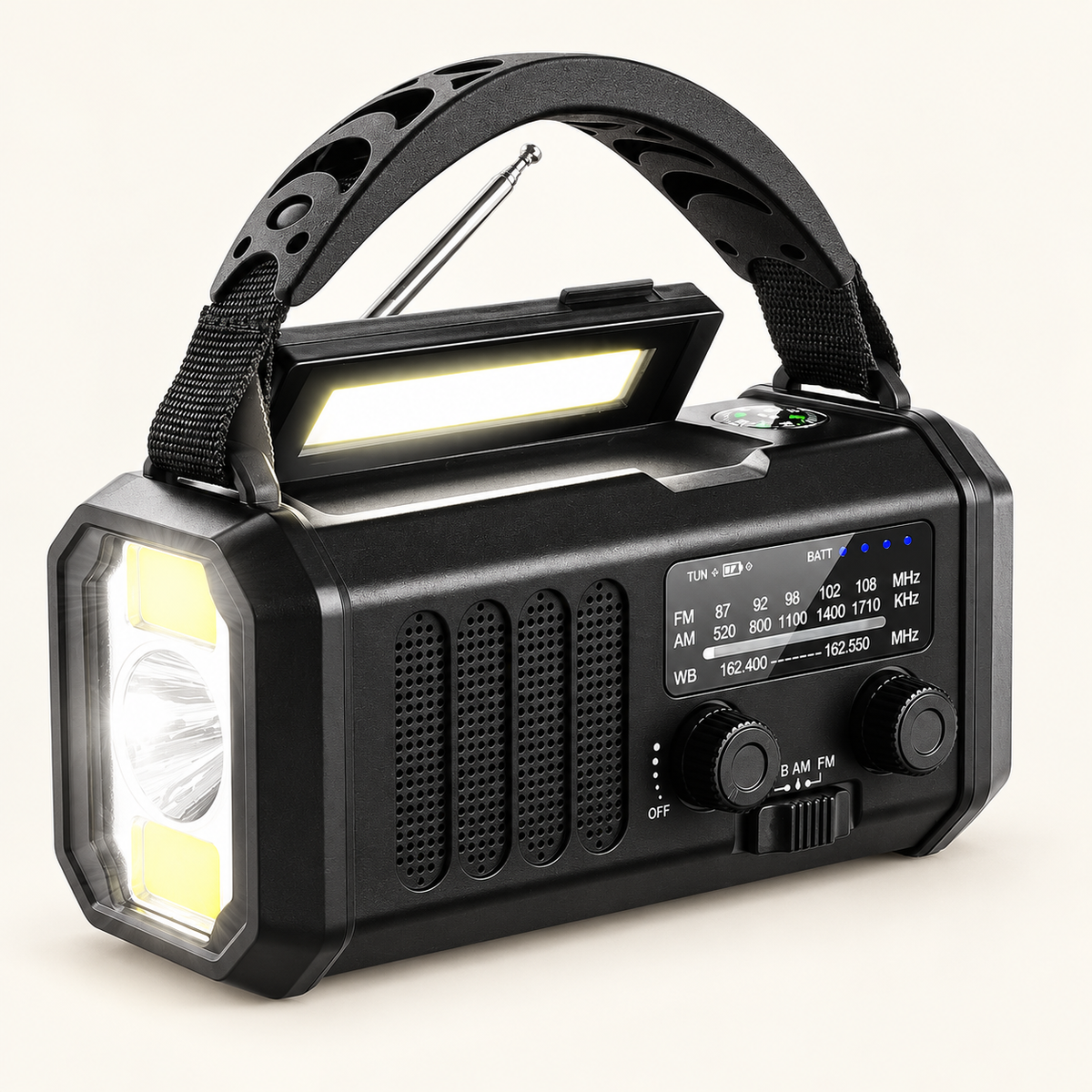 Black AM/FM radio with carry handle and raised reading light