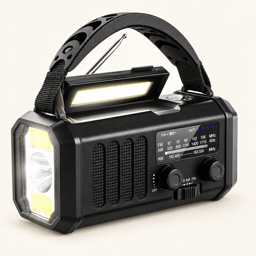 Black AM/FM radio with carry handle and raised reading light