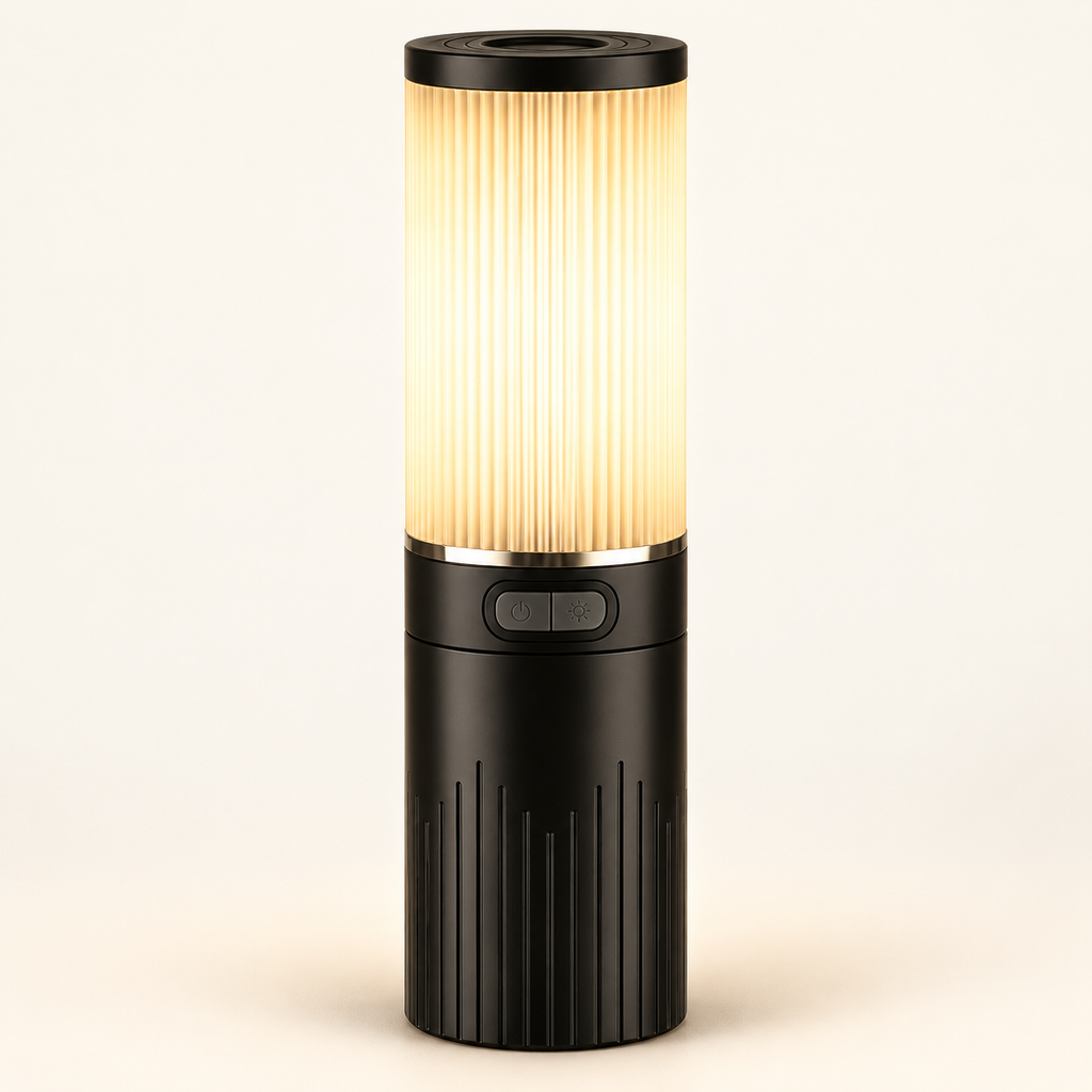 Black cylindrical rechargeable lantern with warm light
