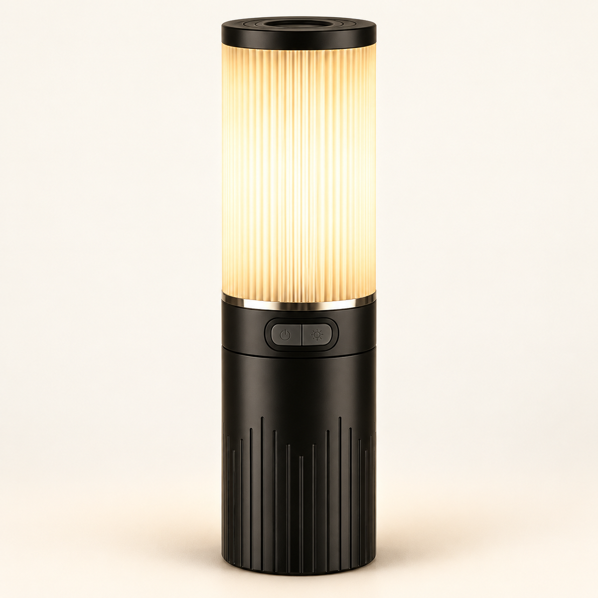Black cylindrical rechargeable lantern with warm light