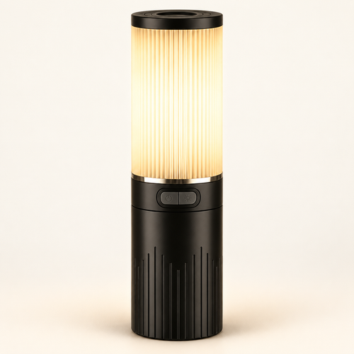 Black cylindrical rechargeable lantern with warm light