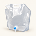 Transparent folding water bag with white handle and blue tap