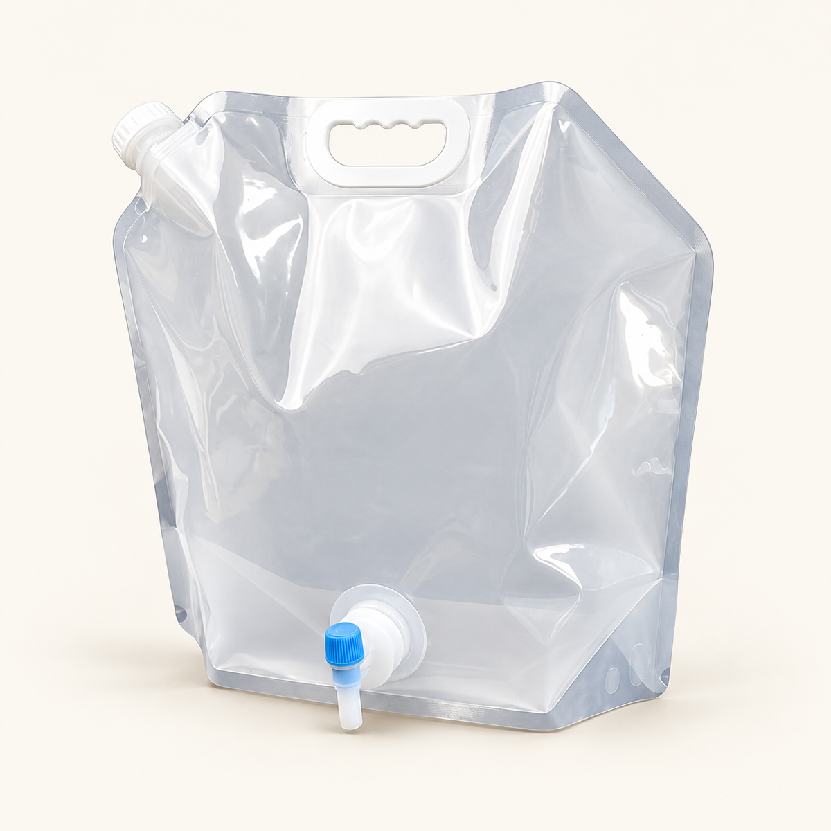Transparent folding water bag with white handle and blue tap